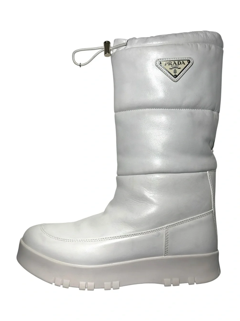 Prada White Leather Quilted Platform Moon Boots Weiss size 40 US 10 Puffer Snow